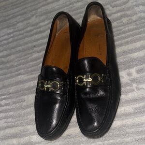 Salvatore Ferragamo Black Gold Slip-On Loafers